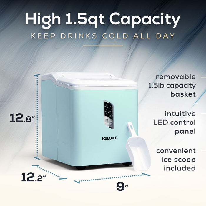 Igloo Automatic Ice Maker, Self-Cleaning, Countertop Size, 26 lbs in 24 Hours, 9 Large or Small Ice Cubes in 7 Minutes, Aqua