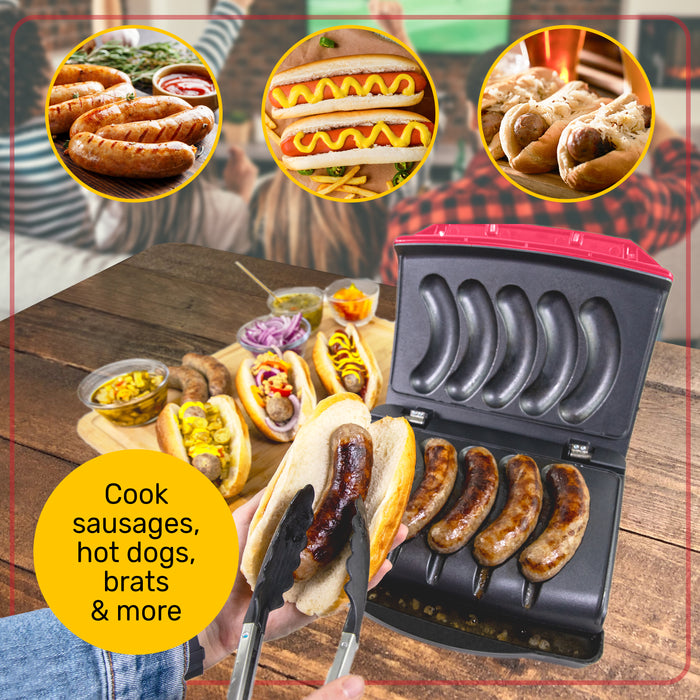 Nostalgia Game Day Sausage and Brat 5 Link Electric Grill with Oil Drip Tray, Carry Handle, and Cord Storage, Cooks Beef, Turkey, Chicken, Veggie