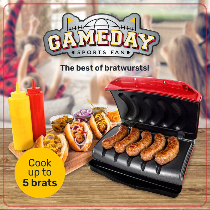 Nostalgia Game Day Sausage and Brat 5 Link Electric Grill with Oil Drip Tray