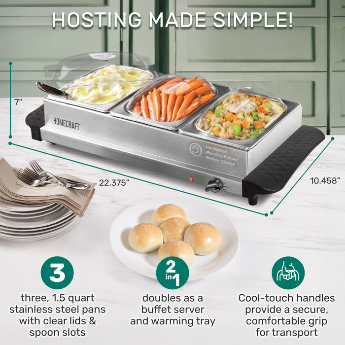 HomeCraft 3-Station 1.5-Quart Stainless Steel Buffet Server & Warming Tray