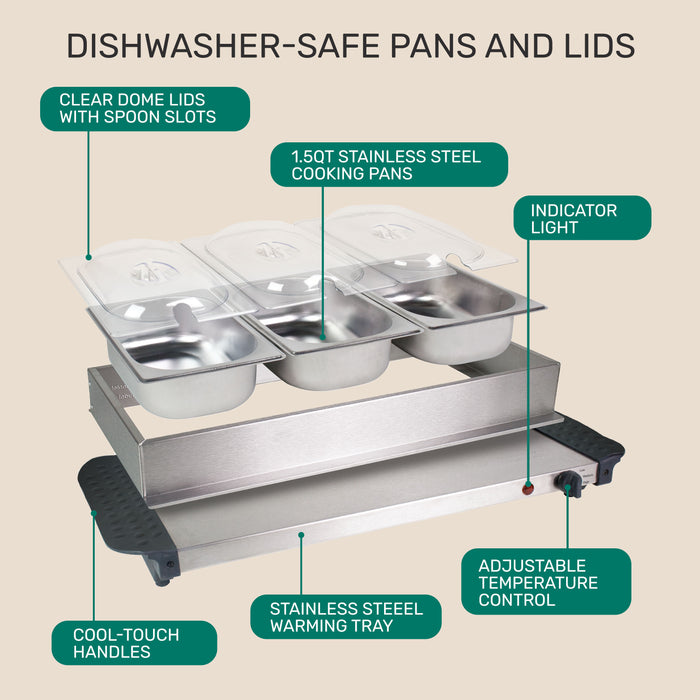 HomeCraft 3-Station 1.5-Quart Stainless Steel Buffet Server & Warming Tray