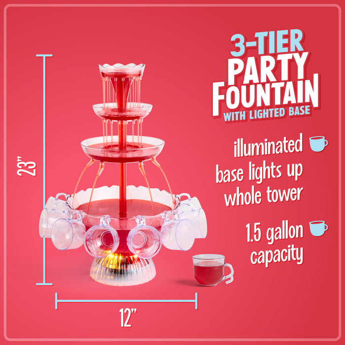 3-Tier Party Drink Dispenser – 1.5-Gallon Punch Fountain with LED Light  Base and 5 Cups – Juice, Soda, or Mimosa Tower by Great Northern Party, Red