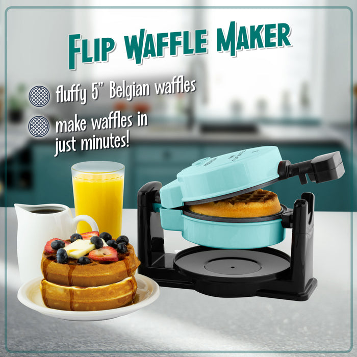 MyMini Flip Belgian Waffle Maker, Aqua