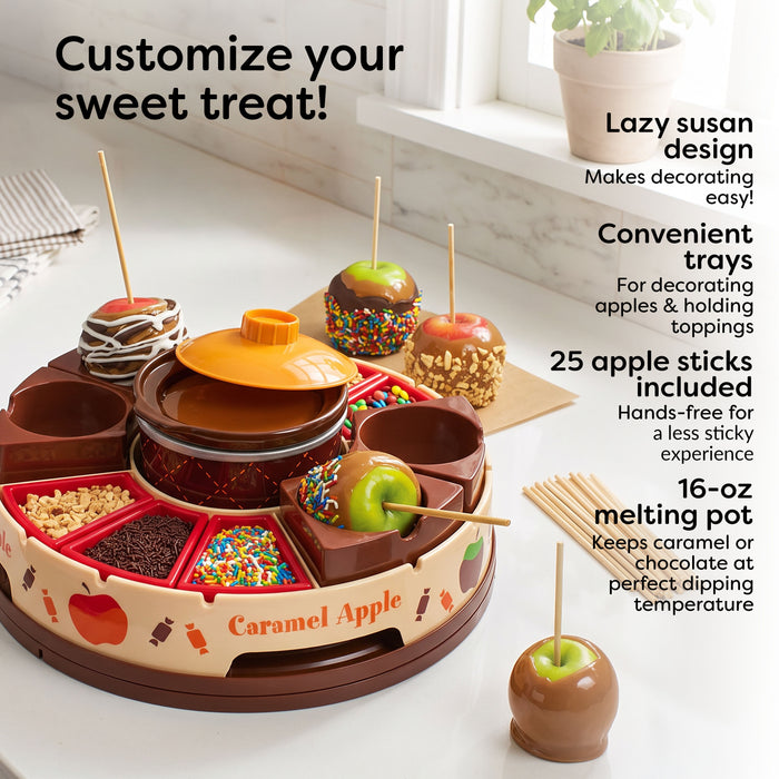 Lazy Susan Chocolate & Caramel Apple Party with Heated Fondue Pot, 25 Sticks, Decorating and Toppings Trays