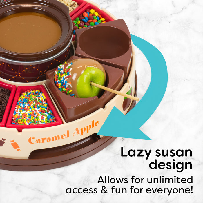 Lazy Susan Chocolate & Caramel Apple Party with Heated Fondue Pot, 25 Sticks, Decorating and Toppings Trays