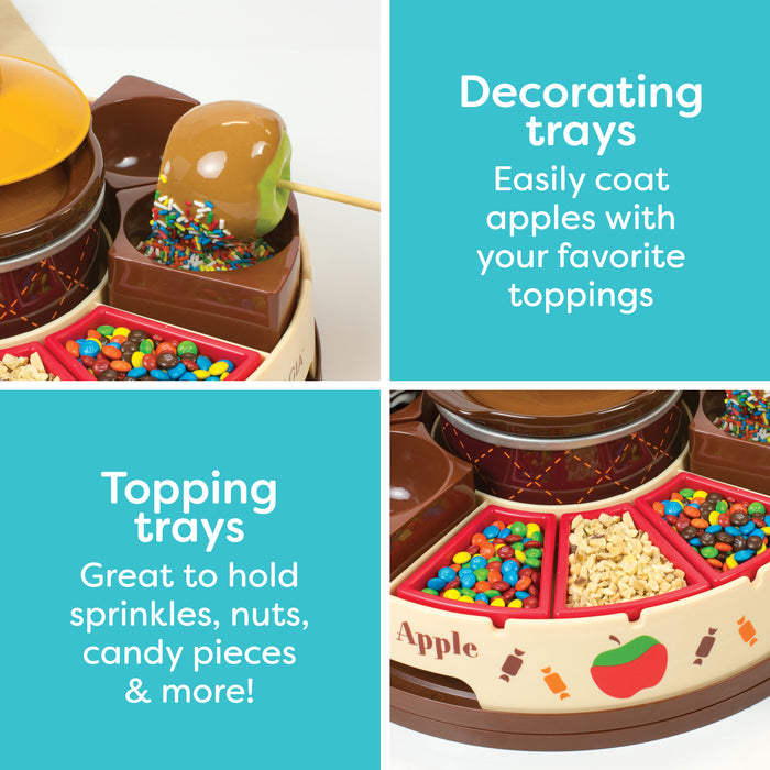 Lazy Susan Chocolate & Caramel Apple Party with Heated Fondue Pot, 25 Sticks, Decorating and Toppings Trays