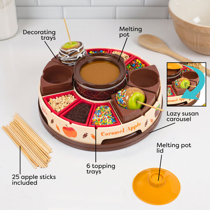 Lazy Susan Chocolate & Caramel Apple Party with Heated Fondue Pot, 25 Sticks, Decorating and Toppings Trays