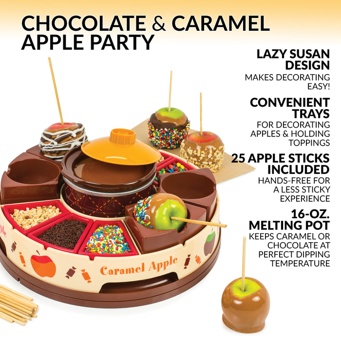 Lazy Susan Chocolate & Caramel Apple Party with Heated Fondue Pot, 25 Sticks, Decorating and Toppings Trays
