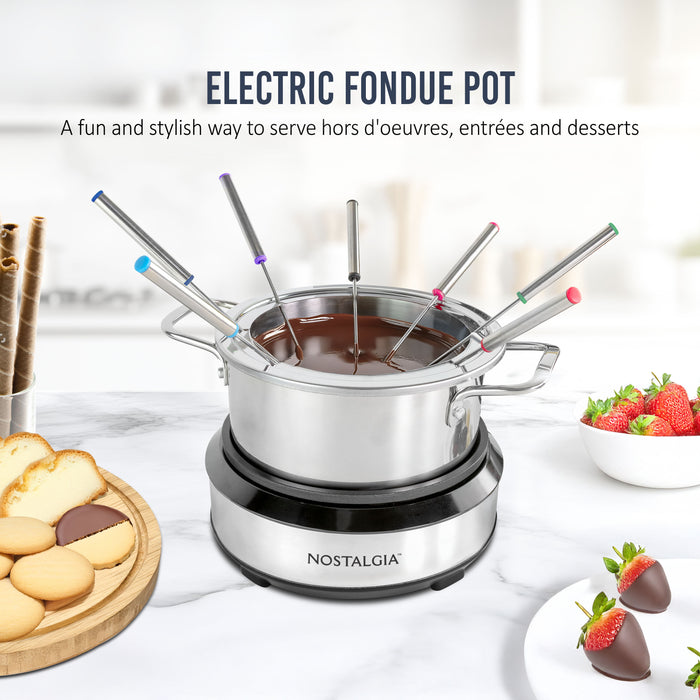 8-Cup Electric Fondue Pot Set for Cheese & Chocolate - 8 Color-Coded Forks, Temperature Control - Stainless Steel
