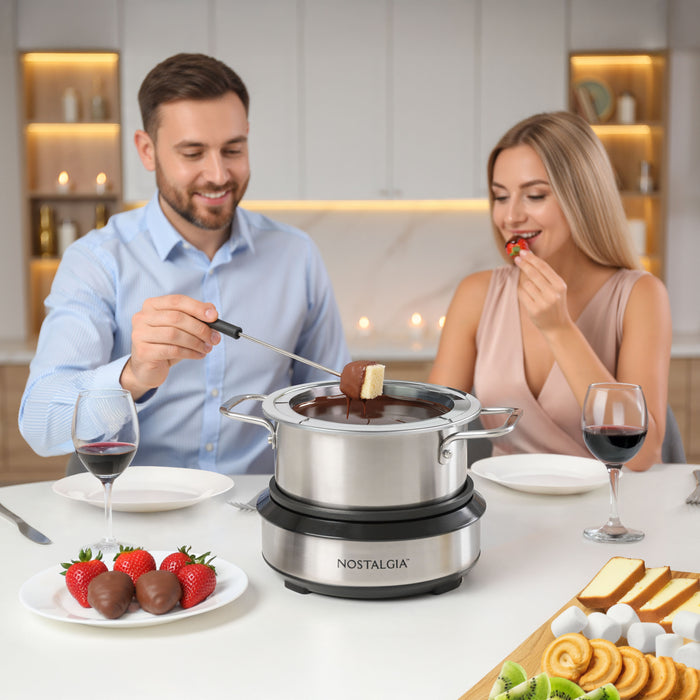 8-Cup Electric Fondue Pot Set for Cheese & Chocolate - 8 Color-Coded Forks, Temperature Control - Stainless Steel