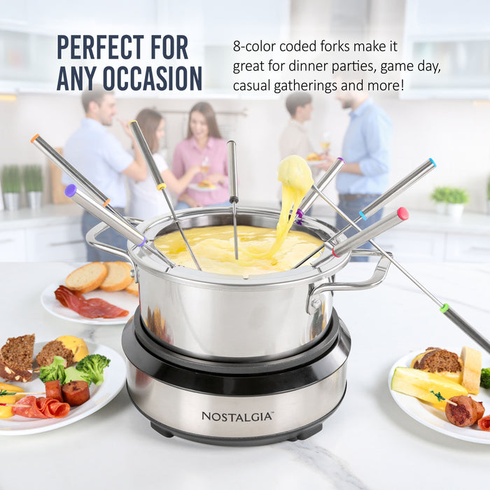8-Cup Electric Fondue Pot Set for Cheese & Chocolate - 8 Color-Coded Forks, Temperature Control - Stainless Steel