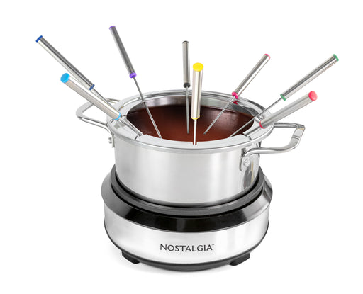 8-Cup Electric Fondue Pot Set for Cheese & Chocolate - 8 Color-Coded Forks, Temperature Control - Stainless Steel