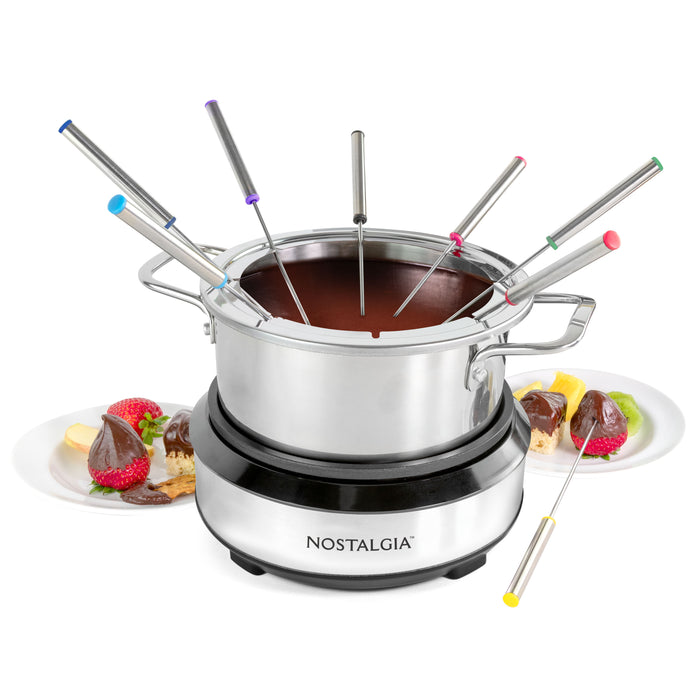8-Cup Electric Fondue Pot Set for Cheese & Chocolate - 8 Color-Coded Forks, Temperature Control - Stainless Steel
