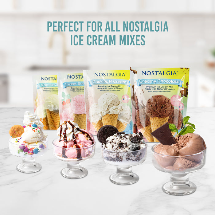 Nostalgia ice cream mixes with corresponding ice cream displays on a white surface.