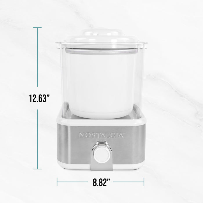 Nostalgia brand ice cream maker with dimensions labeled on a white background