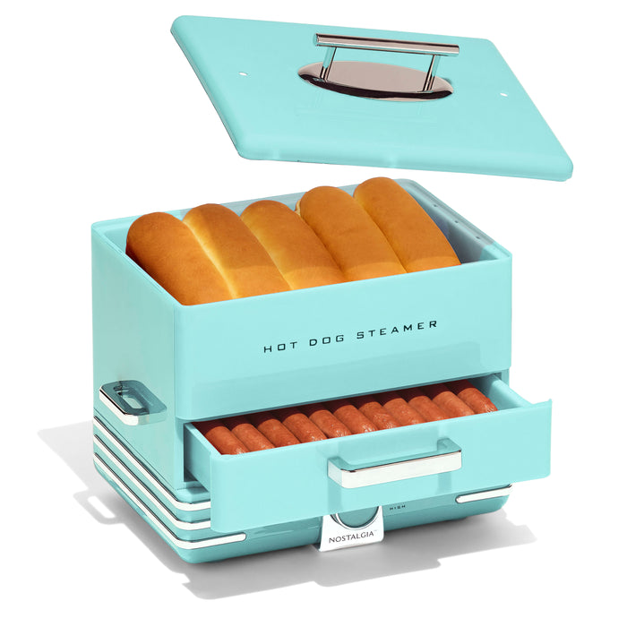 Large Diner Style Hot Dog Steamer, 20 Hot Dogs, 6 Buns, Aqua