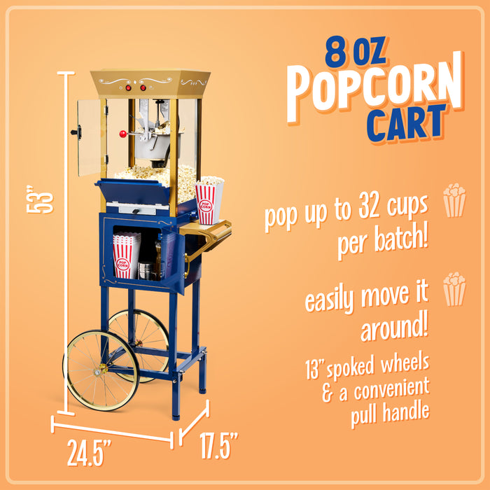 Nostalgia Vintage Professional Popcorn Cart - NEW 8-Ounce Kettle - 53 Inches Tall, Navy