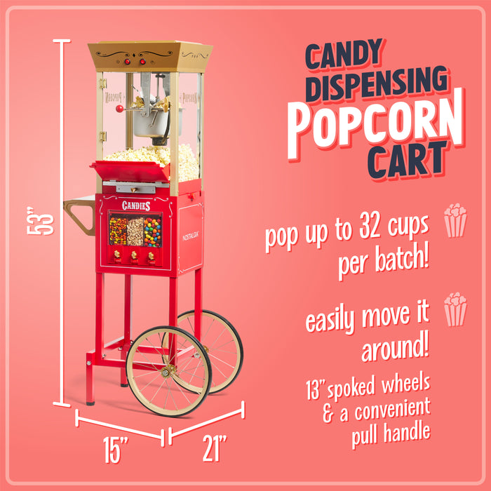 Nostalgia 53-Inch Popcorn Cart with Candy Dispenser, Red