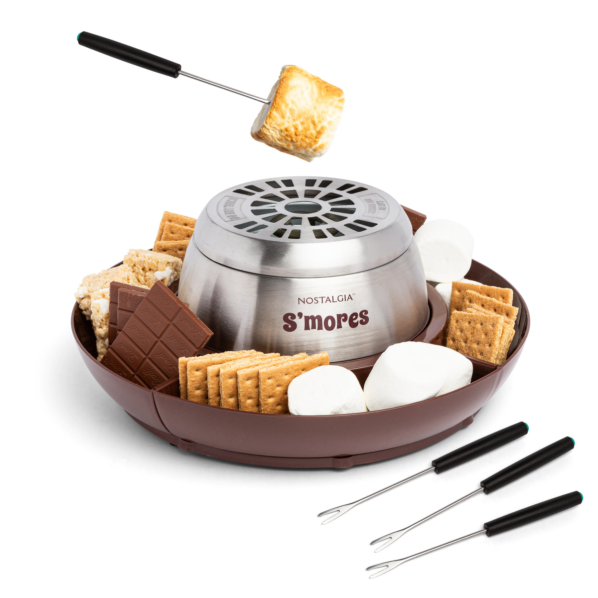 Nostalgia Lazy Susan Chocolate & Caramel Apple Party with Heated Fondue Pot, 25 Sticks, Decorating and Toppings Trays, Brown