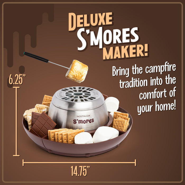 Indoor Electric Stainless Steel S'mores Maker with 4 Lazy Susan Compartment Trays for Graham Crackers, Chocolate, Marshmallows and 4 Roasting Forks