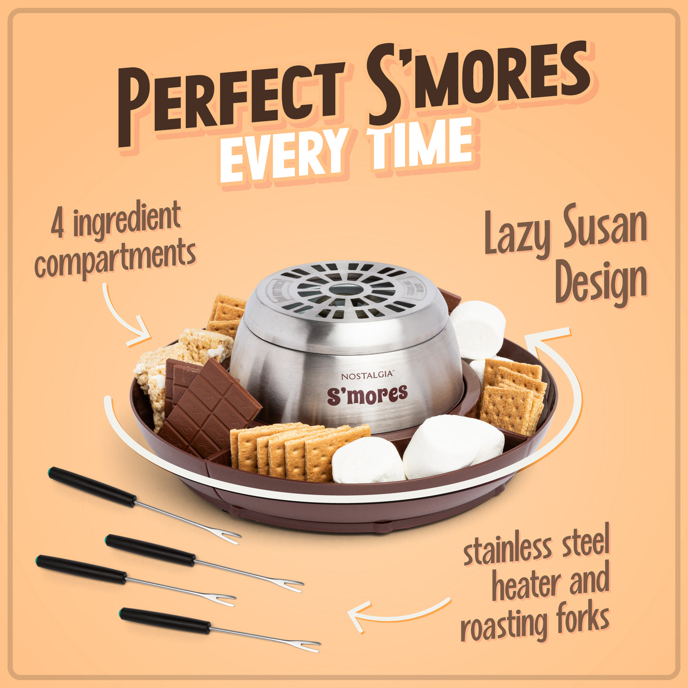 Indoor Electric Stainless Steel S'mores Maker with 4 Lazy Susan Compar
