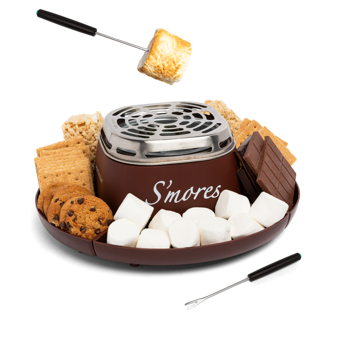 Indoor Electric Stainless Steel S'mores Maker with 4 Compartment Trays for Graham Crackers, Chocolate, Marshmallows and 2 Roasting Forks