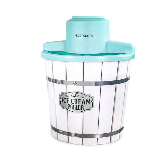 Nostalgia 4-Quart Parlor Wood Bucket Electric Ice Cream Maker - White & Aqua