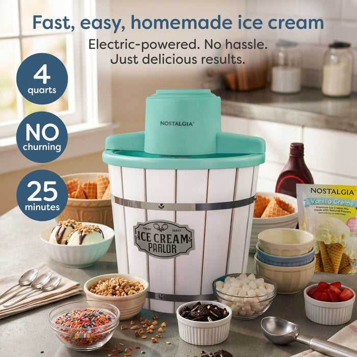Nostalgia 4-Quart Parlor Wood Bucket Electric Ice Cream Maker - White & Aqua