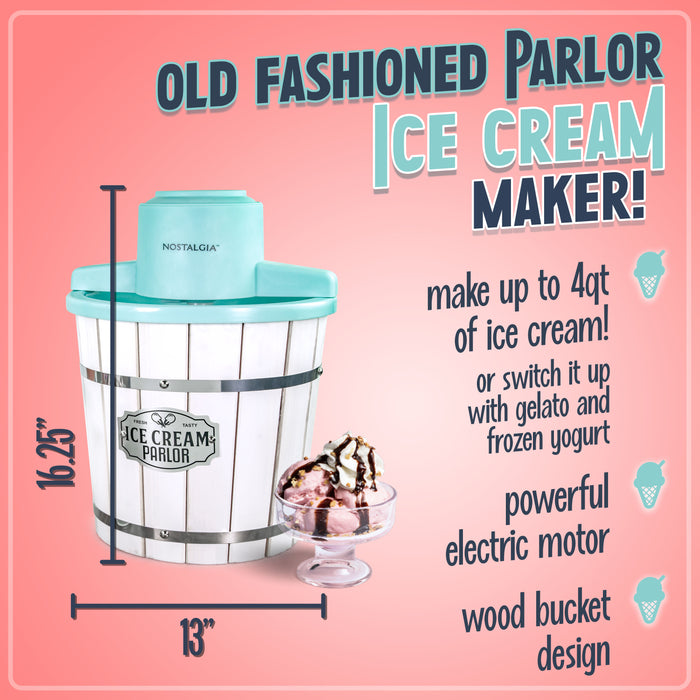 Nostalgia 4-Quart Parlor Wood Bucket Electric Ice Cream Maker - White & Aqua