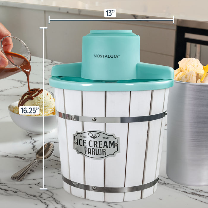 Nostalgia 4-Quart Parlor Wood Bucket Electric Ice Cream Maker - White & Aqua