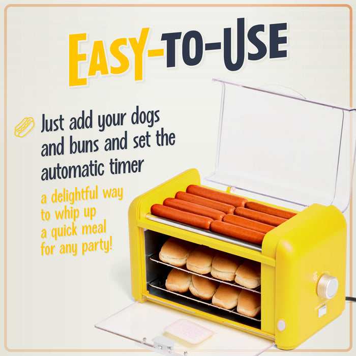 Hot Dog Grill 1950W Commercial Hot Dog Roller Grill – 11 Roller Machine Cooks 30 Dogs, Dual Temp Control, Bun Warmer Hot Dog Roller Machine