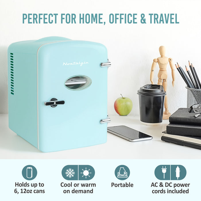 Retro 6-Can Personal Cooling and Heating Refrigerator with Display Window & Carry Handle, Aqua