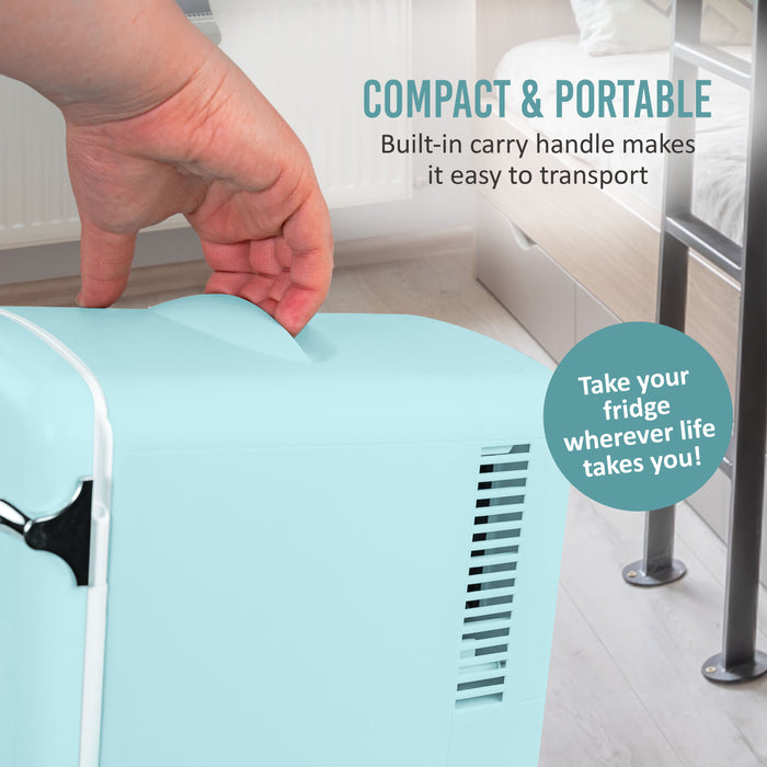 Retro 6-Can Personal Cooling and Heating Refrigerator with Display Window & Carry Handle, Aqua