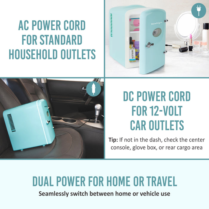 Retro 6-Can Personal Cooling and Heating Refrigerator with Display Window & Carry Handle, Aqua