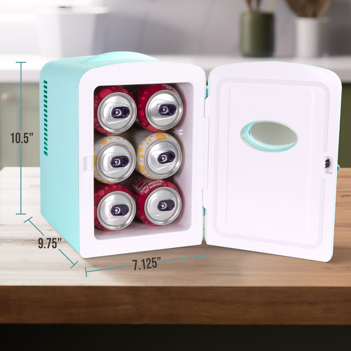 Retro 6-Can Personal Cooling and Heating Refrigerator with Display Window & Carry Handle, Aqua