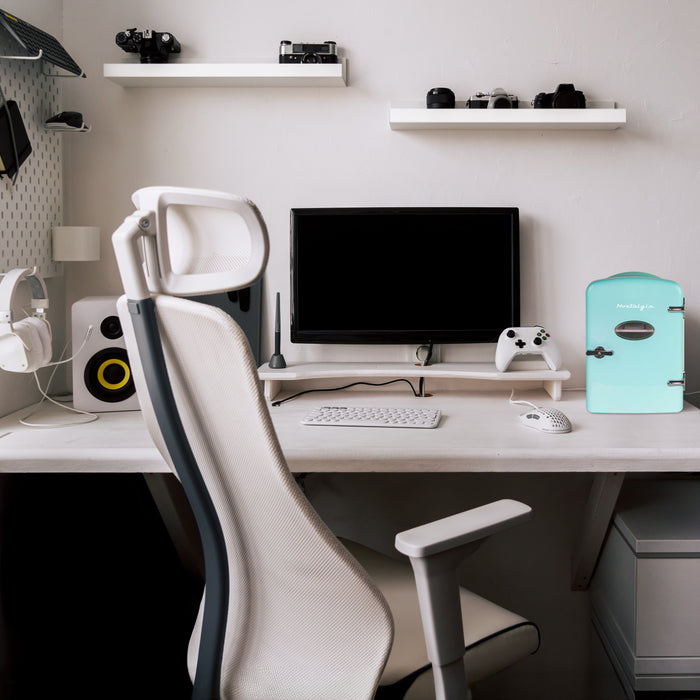 Retro 6-Can Personal Cooling and Heating Refrigerator with Display Window & Carry Handle, Aqua