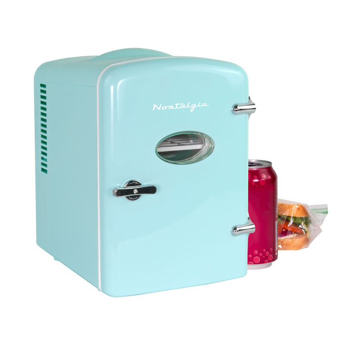Retro 6-Can Personal Cooling and Heating Refrigerator with Display Window & Carry Handle, Aqua