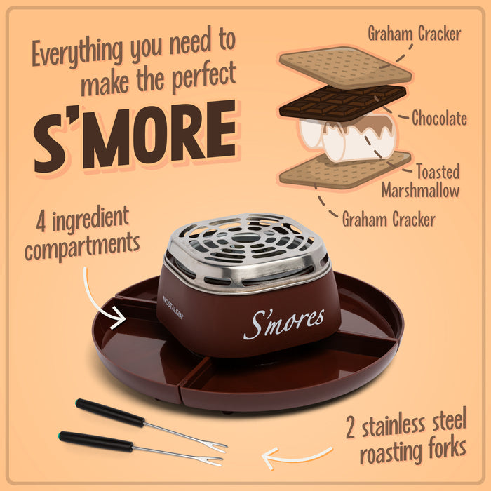 Indoor Electric Stainless Steel S'mores Maker with 4 Compartment Trays for Graham Crackers, Chocolate, Marshmallows and 2 Roasting Forks
