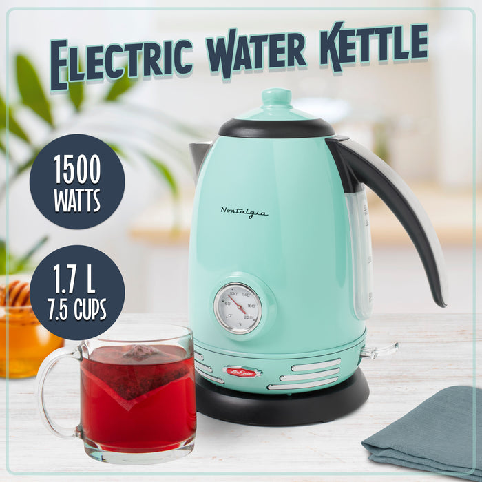 Nostalgia Wk17aq 1.7 Liter Retro Stainless Steel Electric Water Kettle with Strix Thermostat Aqua