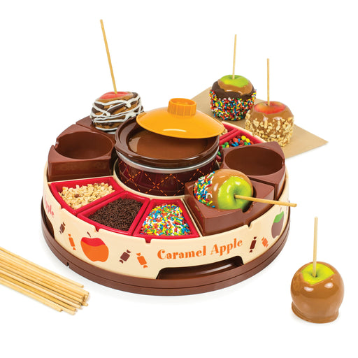 Nostalgia Lazy Susan Chocolate & Caramel Apple Party with Heated Fondue Pot, 25 Sticks, Decorating and Toppings Trays