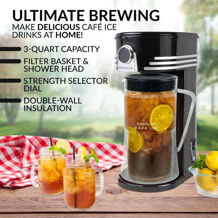 Nostalgia Cafe Ice 3 Quart Iced Coffee and Tea Brewing System with Plastic Pitcher - Black