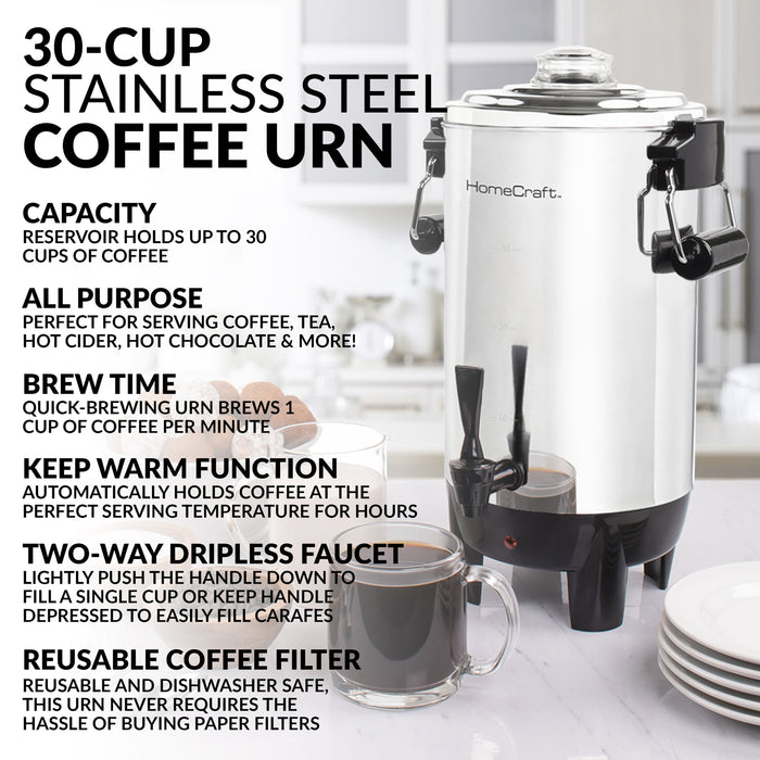 Homecraft Quick-Brewing Automatic 30-Cup Coffee Urn - Stainless Steel