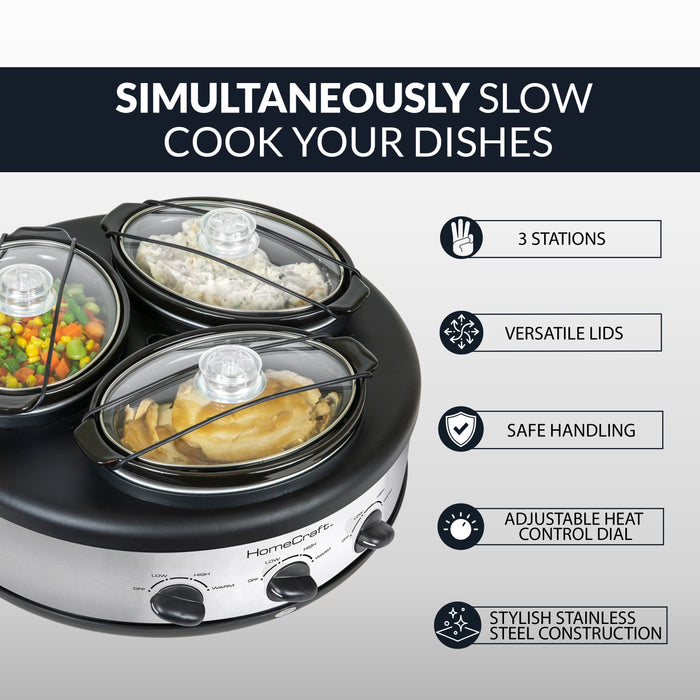 Small electric slow cooker, triple buffet server and warming plate with lid  holder, 3-pot 1.5-quart oval food warmer with 3 spoons, perfect for heating  up dips at parties. 