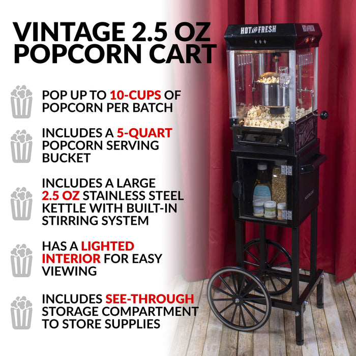 Nostalgia 2.5 Ounce Popcorn Cart, 10-Cup, with 5-Quart Popcorn Bowl, 45 inches tall with description 