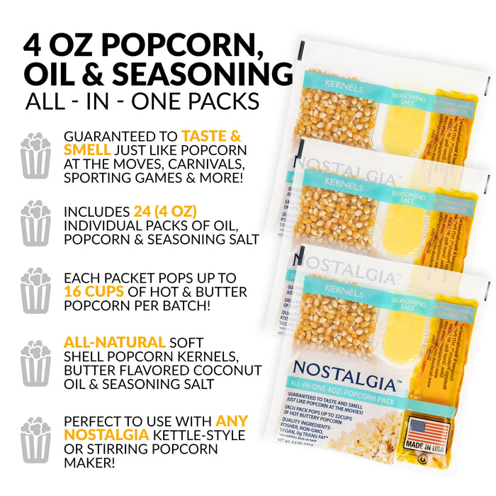 Best Tasting Premium 4-Ounce Popcorn, Oil & Seasoning Salt All-In-One Packs - 24 Count
