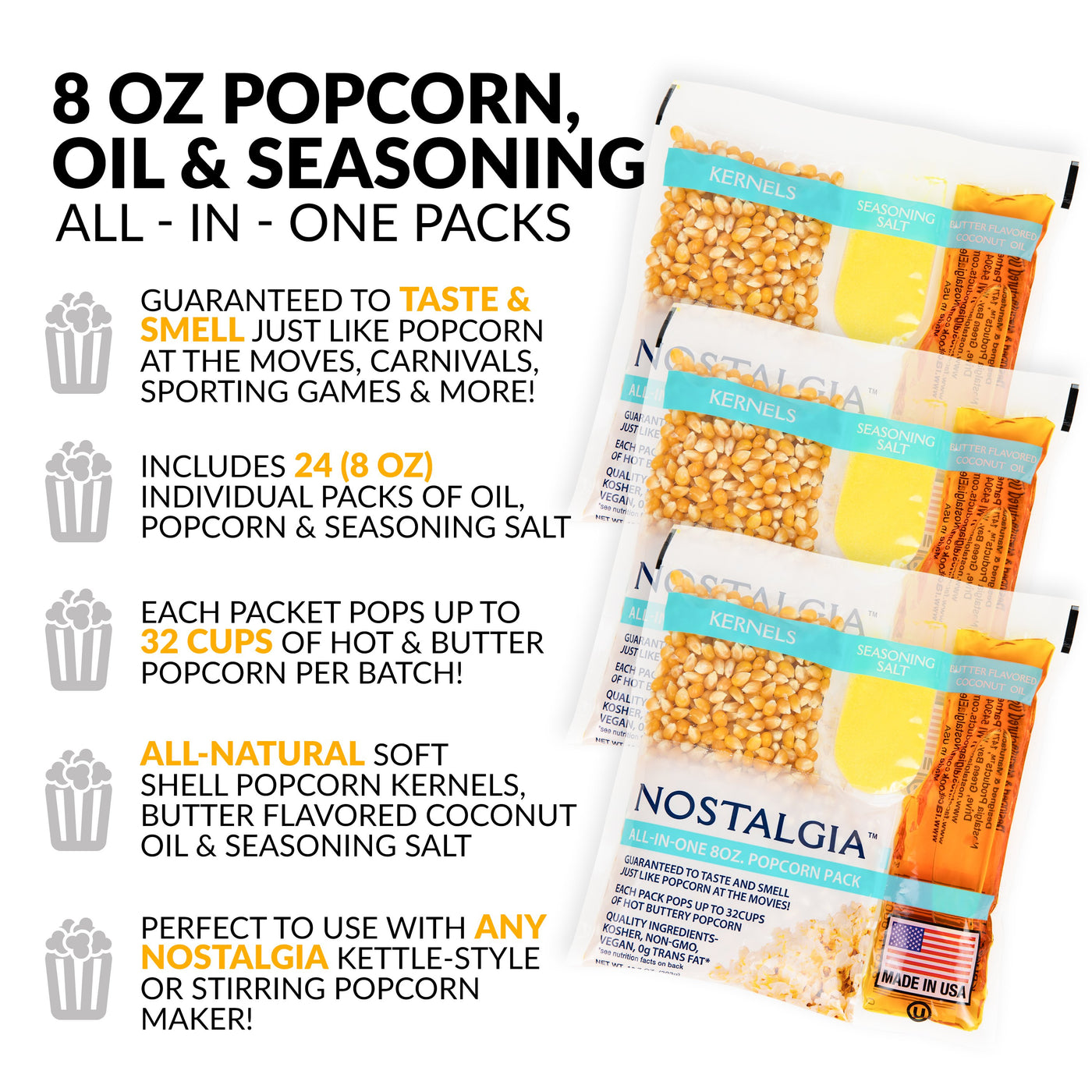 All In One Pack 8 oz Popcorn, Oil & Seasoning Salt All-In-One Packs - 24 Count ...