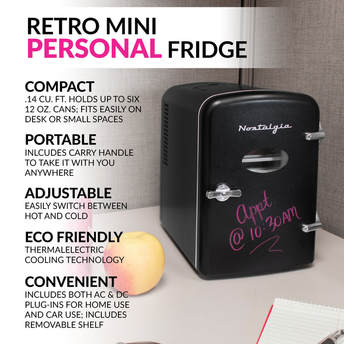 Retro 6-Can Personal Cooling and Heating Refrigerator with Display Window, Dry Erase Door and Carry Handle, Black