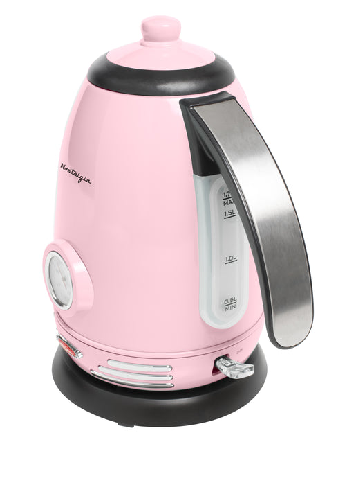 Retro 1.7-Liter Stainless Steel Electric Water Kettle with Strix Thermostat, Pink