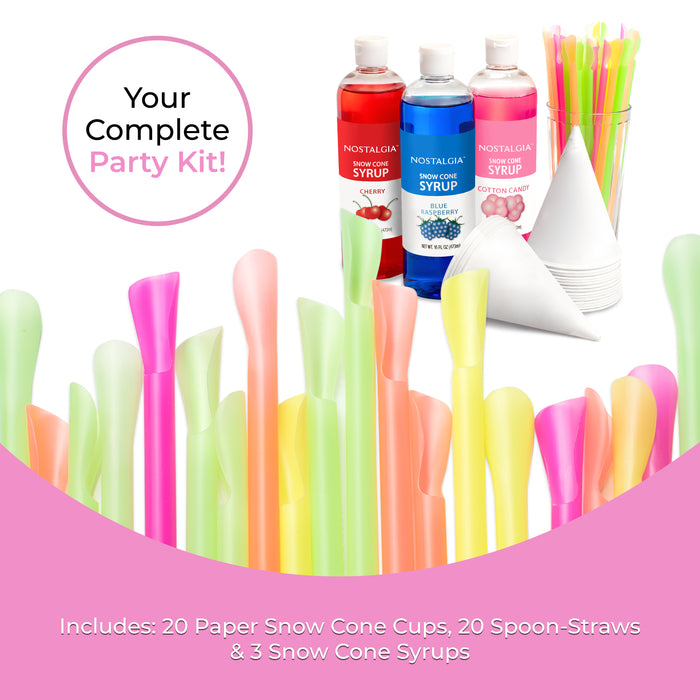 Premium 16-Ounce Snow Cone Syrups, Cups and Spoon-Straws Party Kit