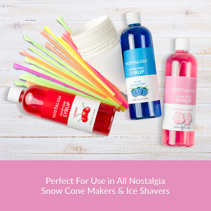 Premium 16-Ounce Snow Cone Syrups, Cups and Spoon-Straws Party Kit